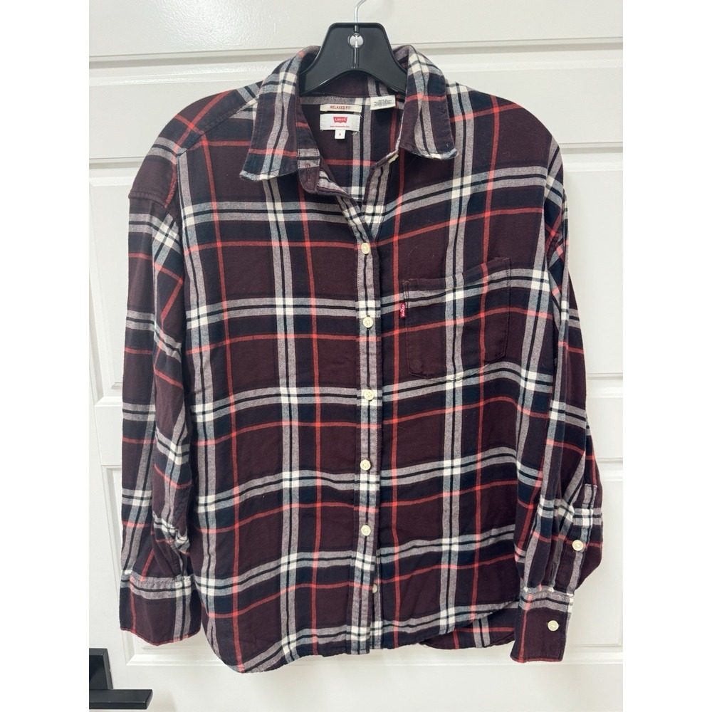Levi's Mens Relaxed Fit Long Sleeve Plaid Button Down Work Shirt Small Burgundy